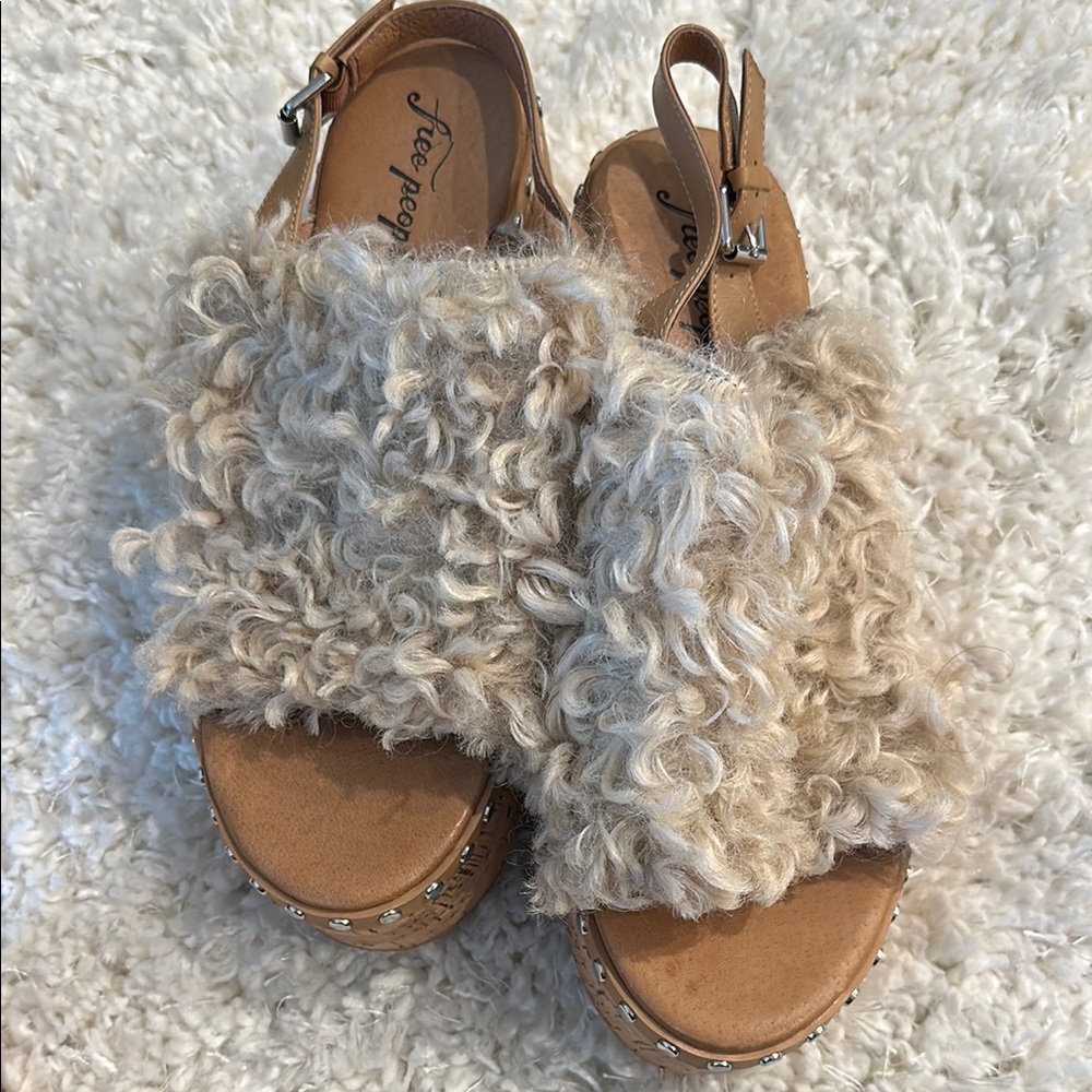 Free People Tan and Cream Furry Mules